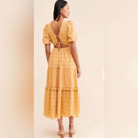 Free People Harni Eyelet Puff Sleeve Midi Dress in Peachy yellow Boho Open Back - Picture 2 of 7